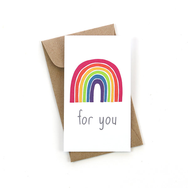 Our multi color rainbow "for you" mini card is the perfect addition to any gift. It comes complete with a mini brown craft envelope.