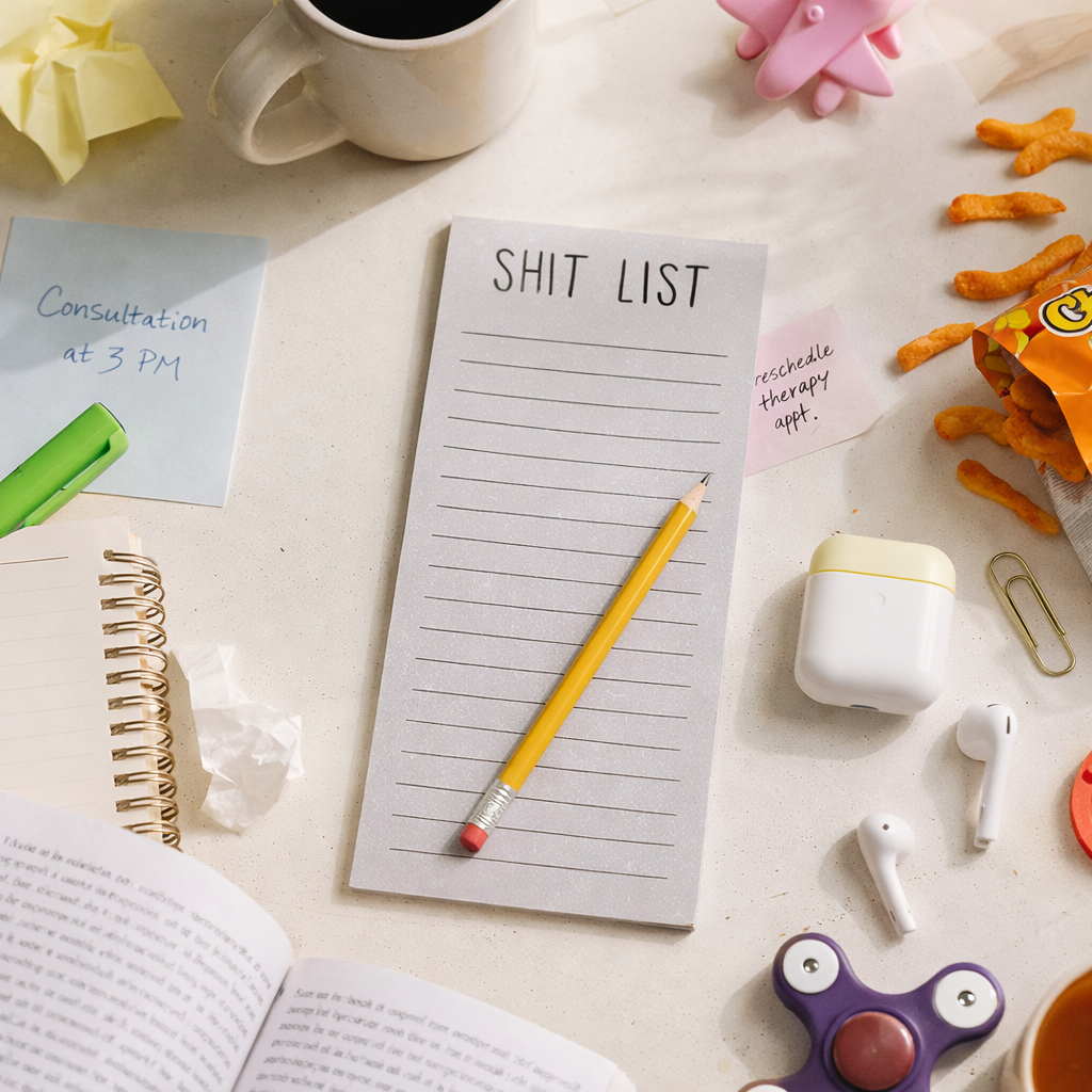 Funny Shit List notepad with minimalist lined design