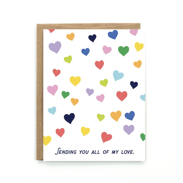 This cheery card is sent with lots of love. It has multi colored hearts that are scattered across the front. It says "Sending you all my love." It is blank inside and comes with a brown kraft envelope. Be sure to stock up on this card because it can be used for so many occasions.