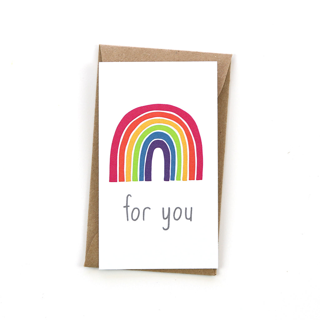 Our multi color rainbow "for you" mini card is the perfect addition to any gift. It comes complete with a mini brown craft envelope.
